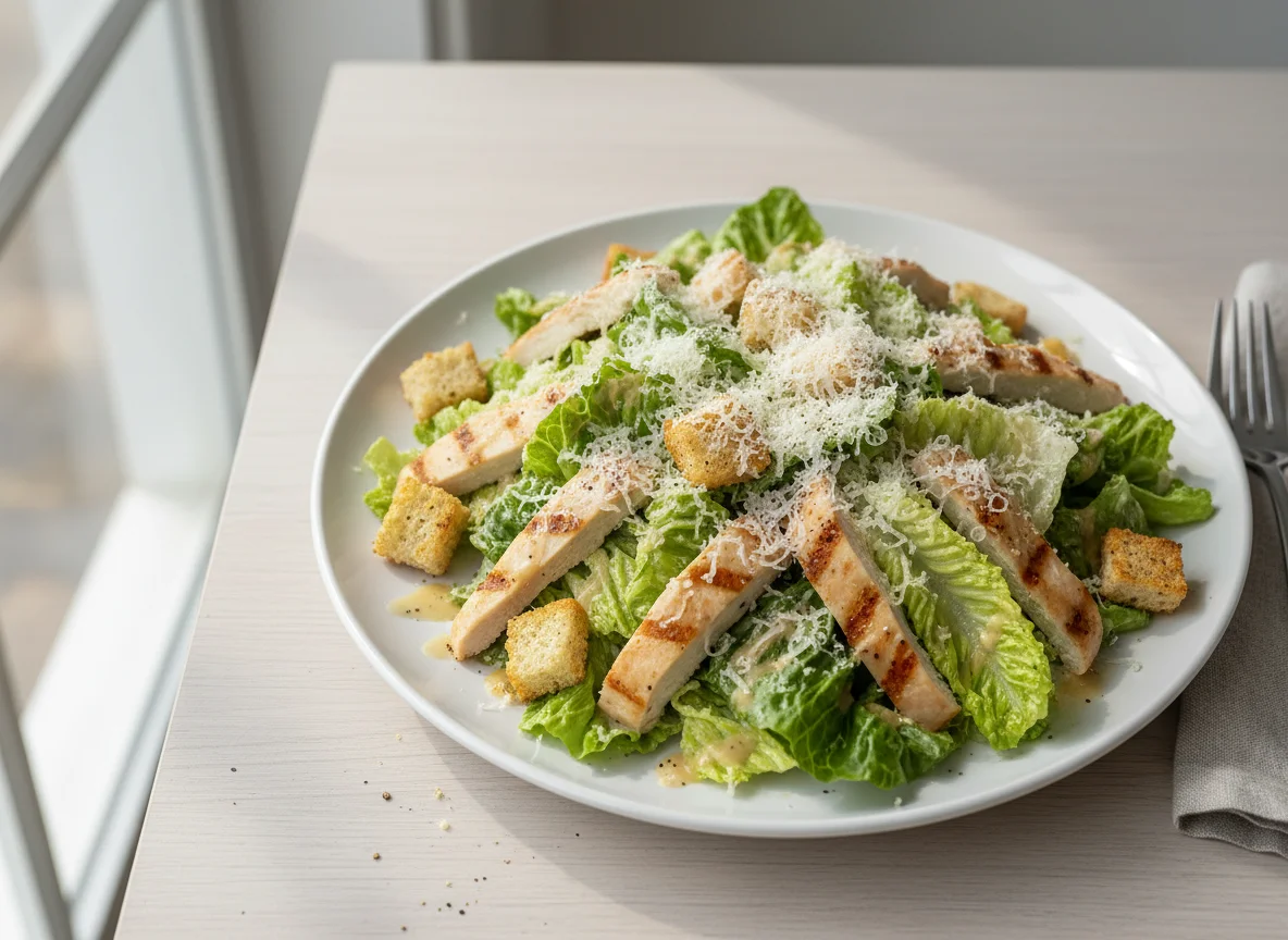 Caesar Salat mit Hähnchen und Croutons photo