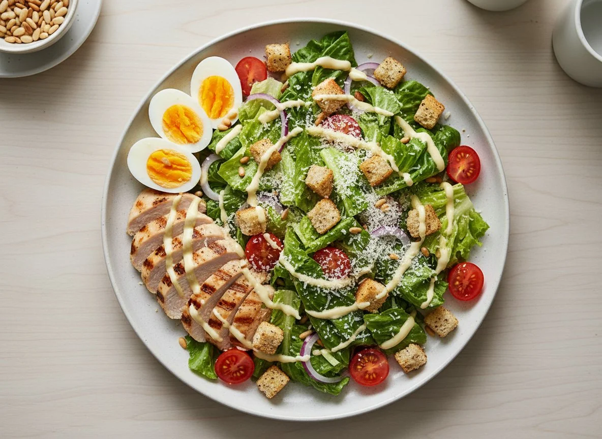 Caesar Salat mit Hähnchen und Ei photo