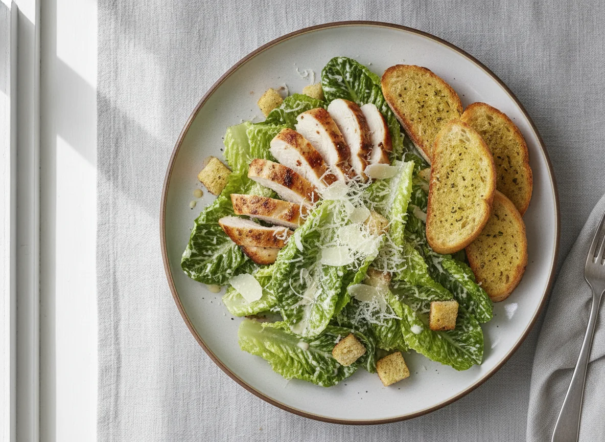 Caesar Salat mit Hähnchen und Knoblauchbrot photo