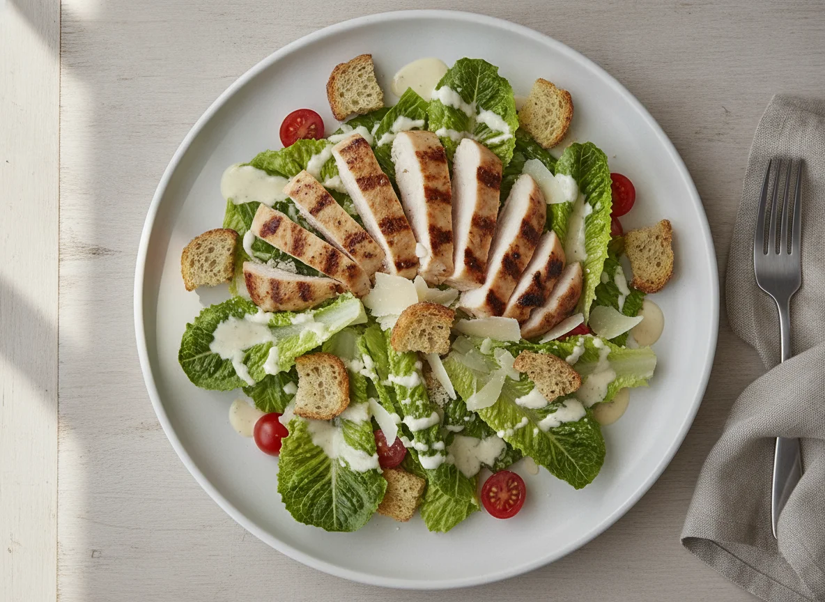 Caesar Salat mit Hähnchen und Römersalat photo