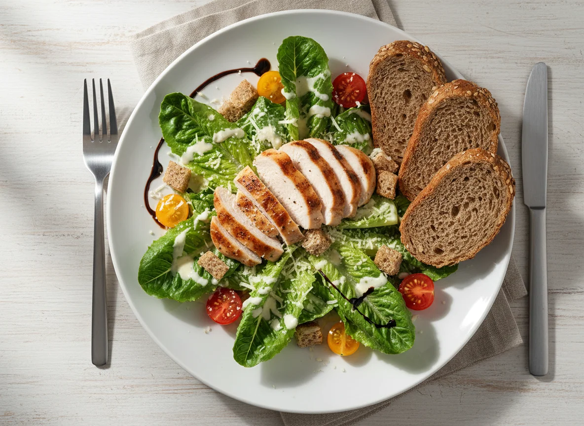 Caesar Salat mit Hähnchenbrust und Brot photo
