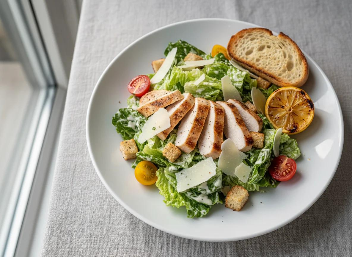 Caesar Salat mit Hühnchen und Brot photo