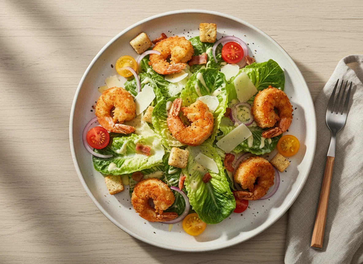 Caesar Salat mit knusprigen Garnelen photo