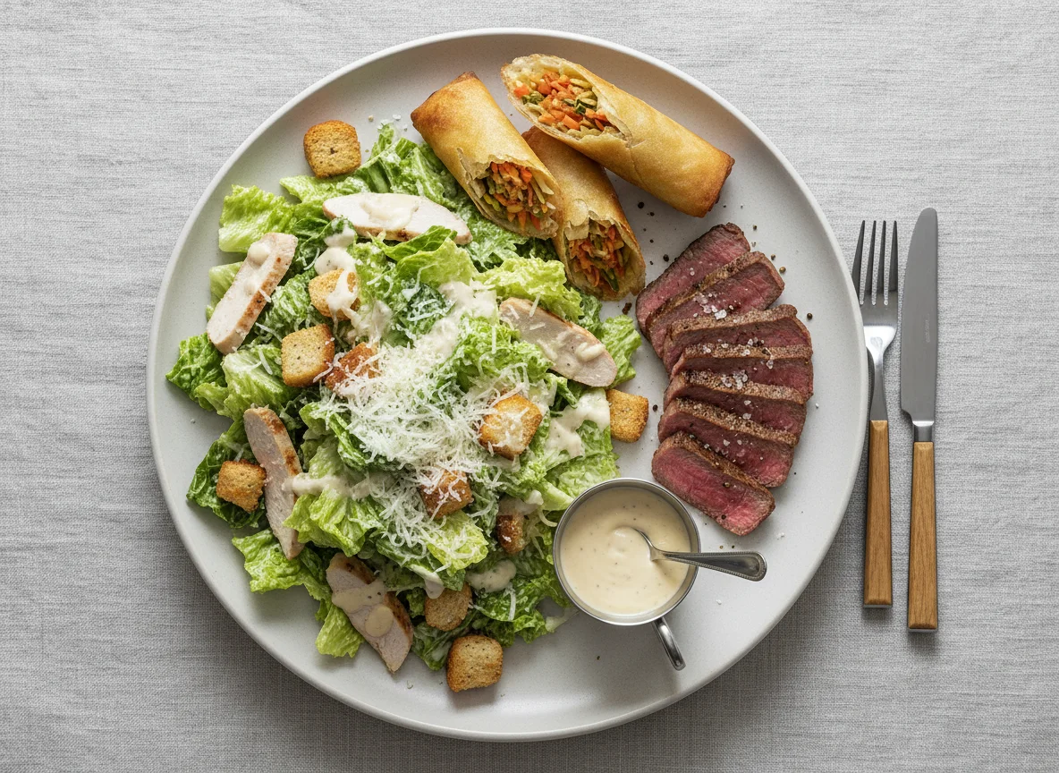 Caesar Salat mit Rindfleisch und Frühlingsrollen photo
