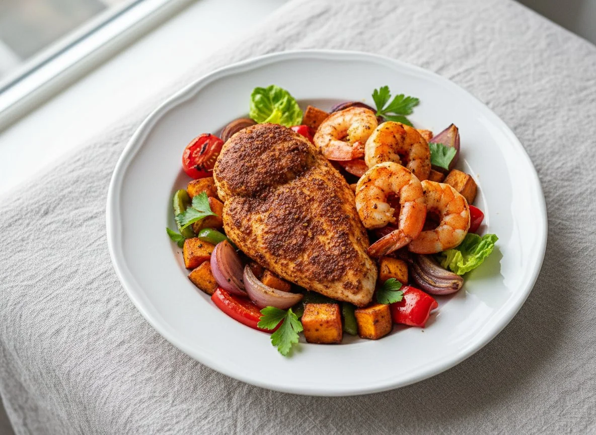 Cajun Hähnchenbrustfilet und Garnelen photo