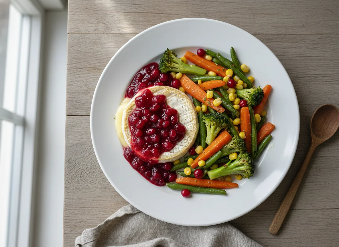 Camembert mit Preiselbeeren und Gemüsepfanne photo