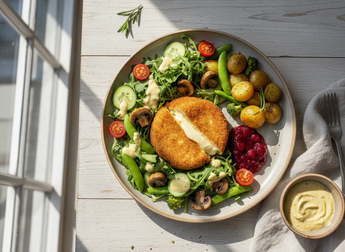Camembert mit Salat, Pilzen und Gemüse photo