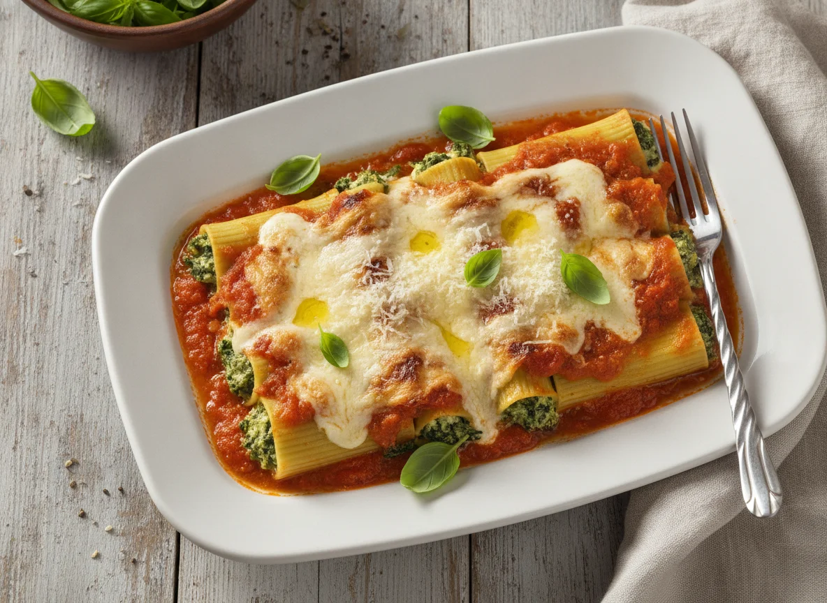 Cannelloni mit Ricotta-Spinat-Füllung und Tomatensauce photo