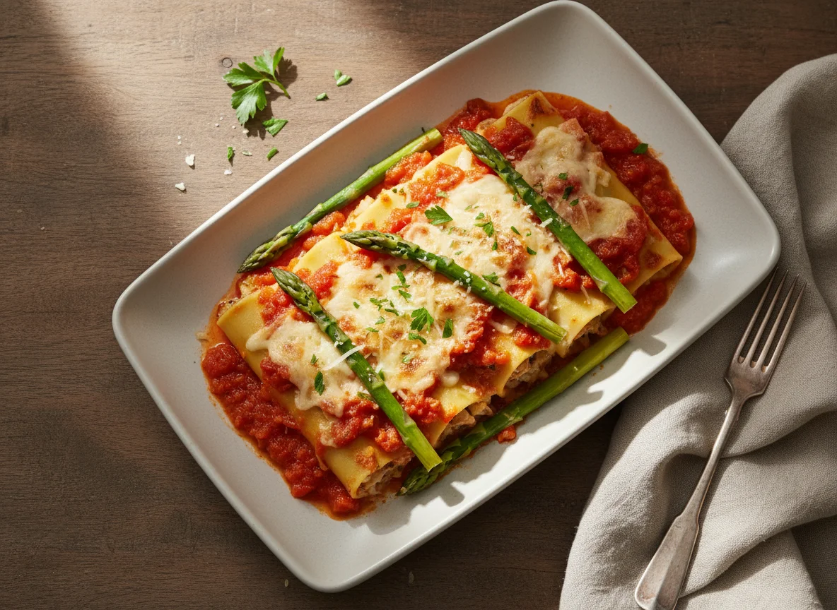 Cannelloni mit Spargel und Tomatensauce photo