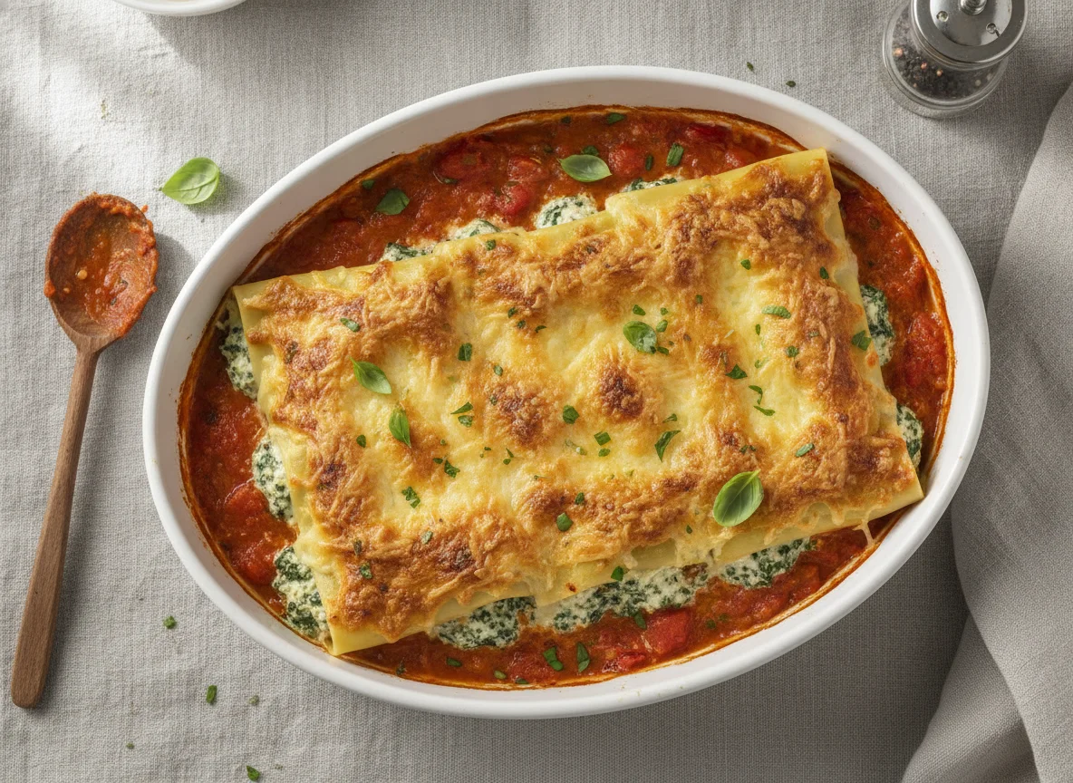 Cannelloni mit Tomatensauce und Käse überbacken photo