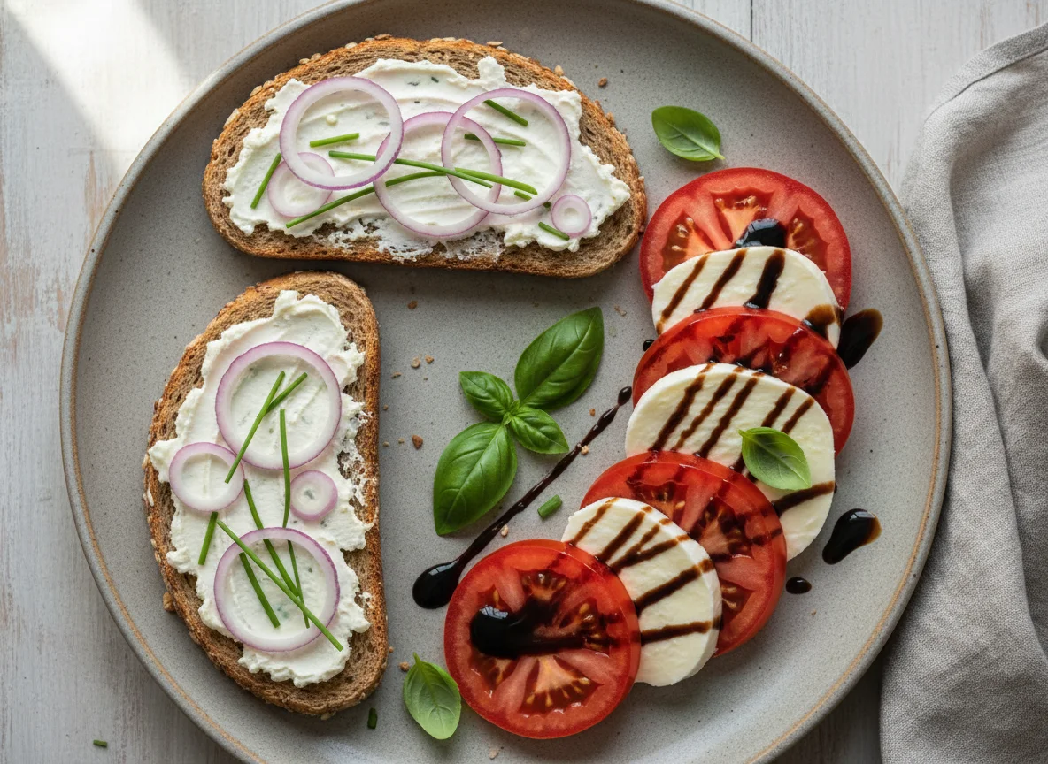 Caprese mit Brot und Frischkäse photo