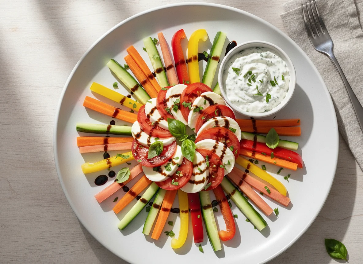 Caprese mit Gemüsesticks und Dip photo