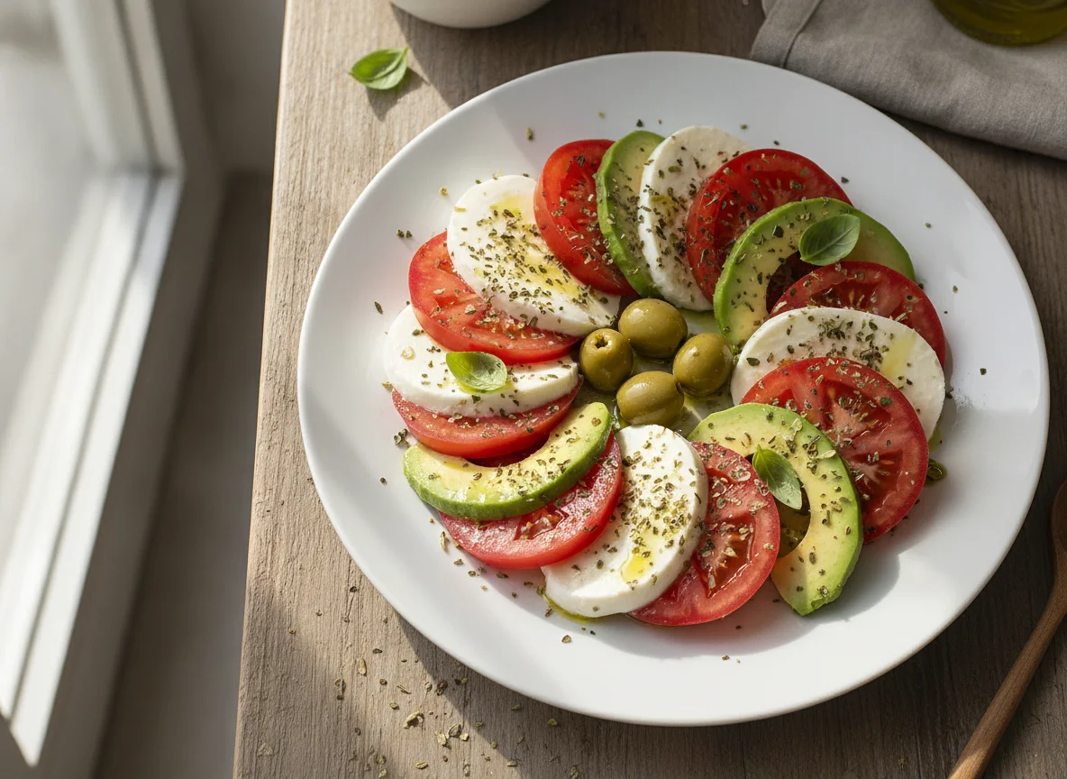 Caprese Salat mit Avocado und Oliven photo