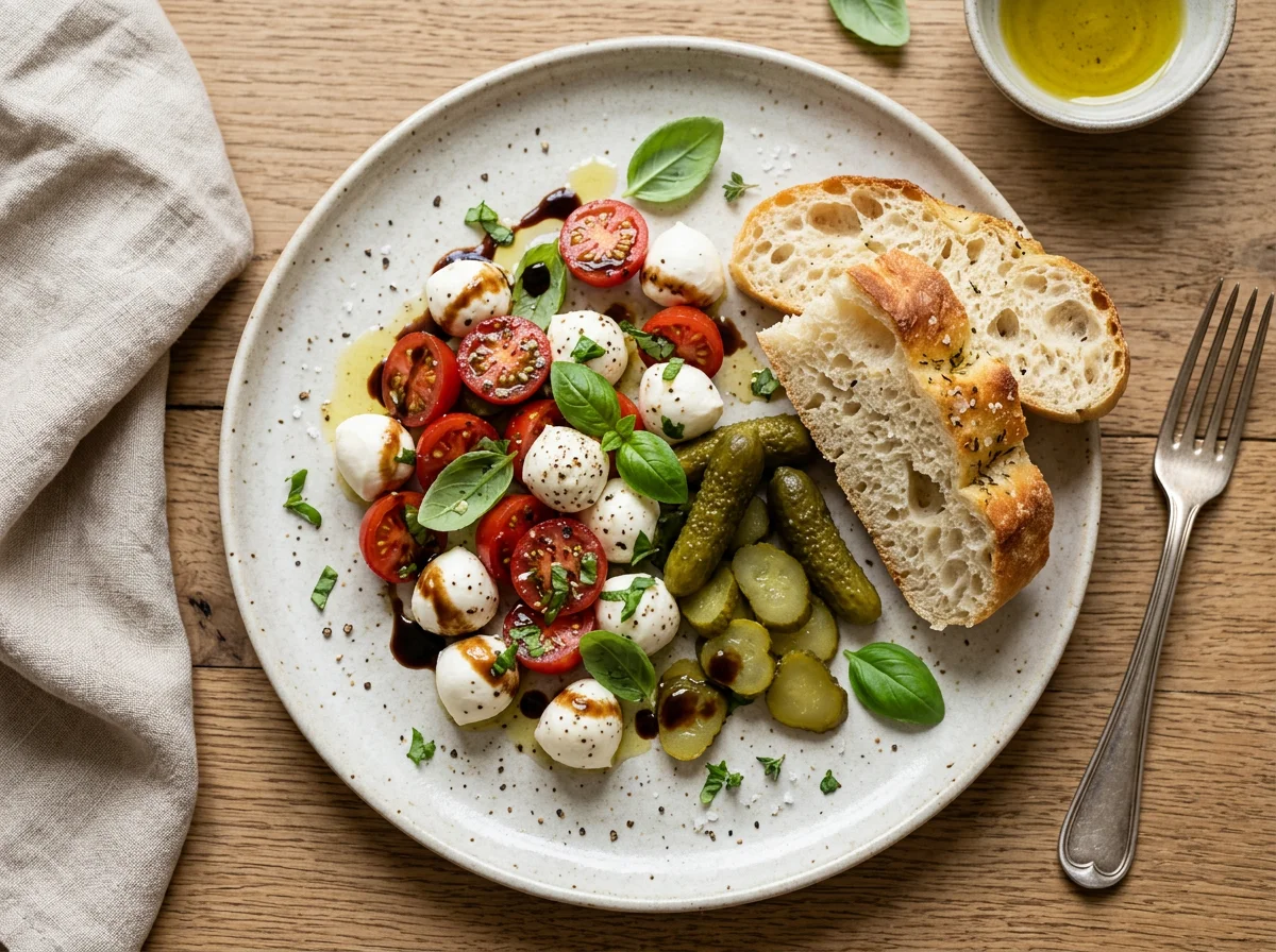 Caprese Salat mit Essiggurken und Brot photo