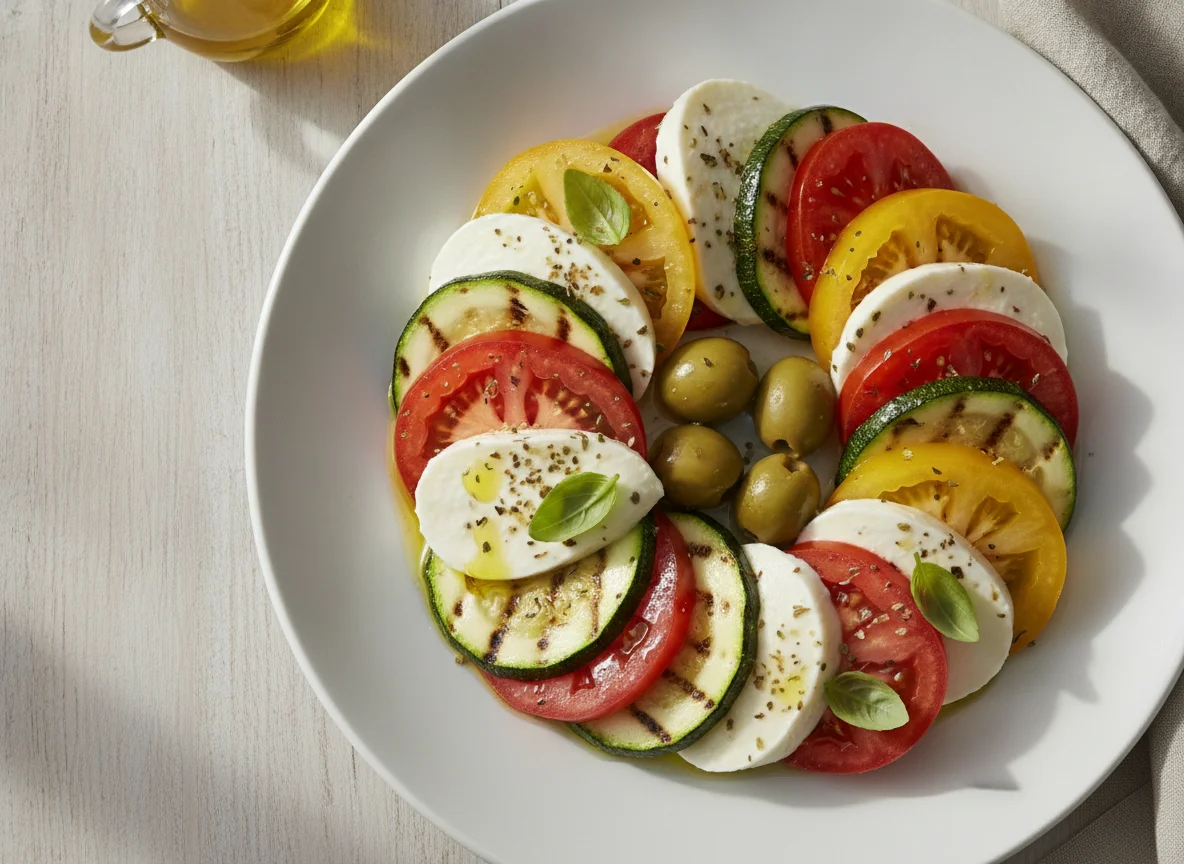 Caprese Salat mit Oliven und Zucchini photo