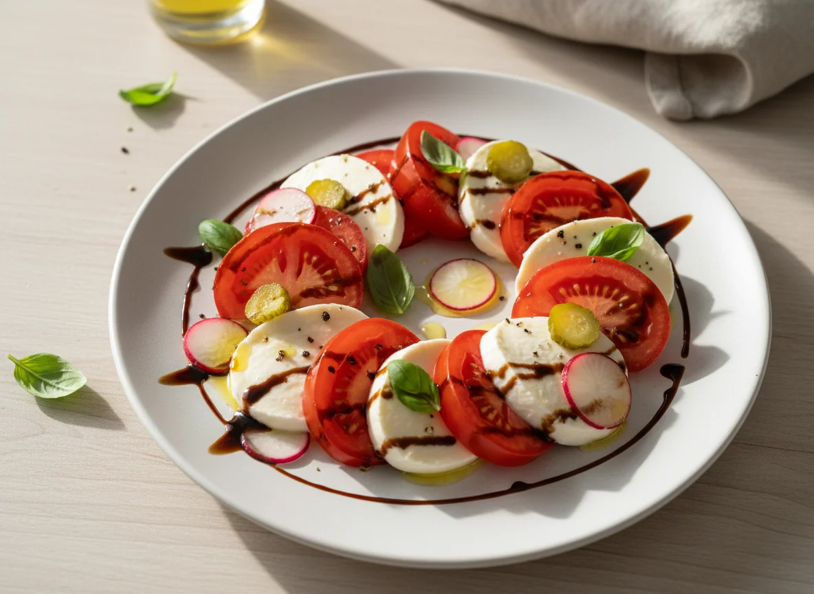 Caprese-Salat mit Radieschen und Essiggurken photo