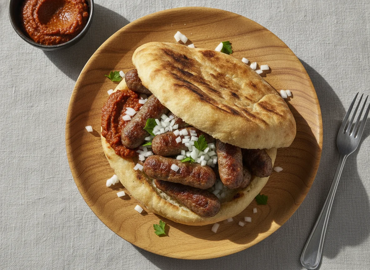 Cevapcici im Fladenbrot mit Ajvar und Zwiebeln photo