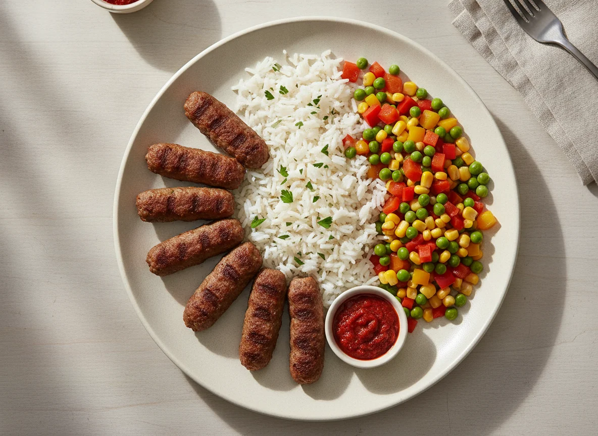 Cevapcici mit Balkangemüse und Reis photo