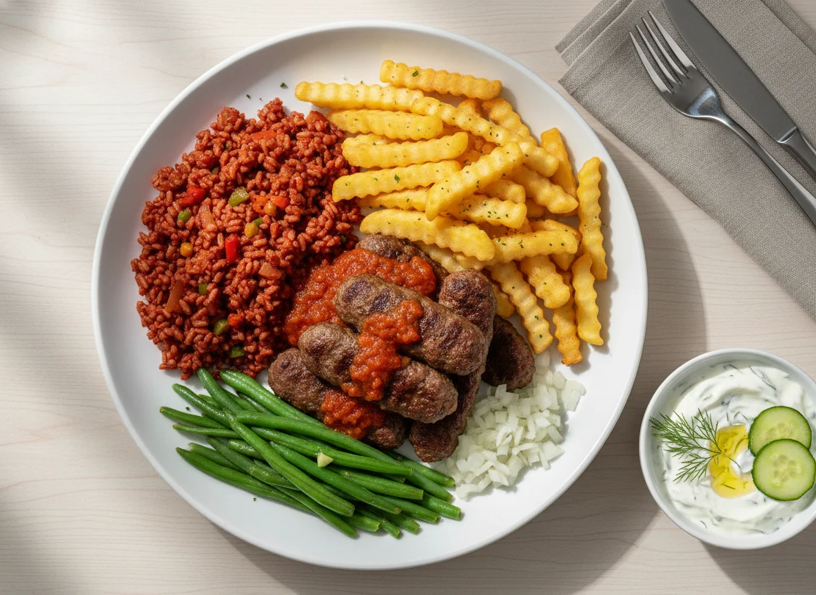Cevapcici mit Djuvecreis, Pommes frites, grünen Bohnen und Tzatziki photo