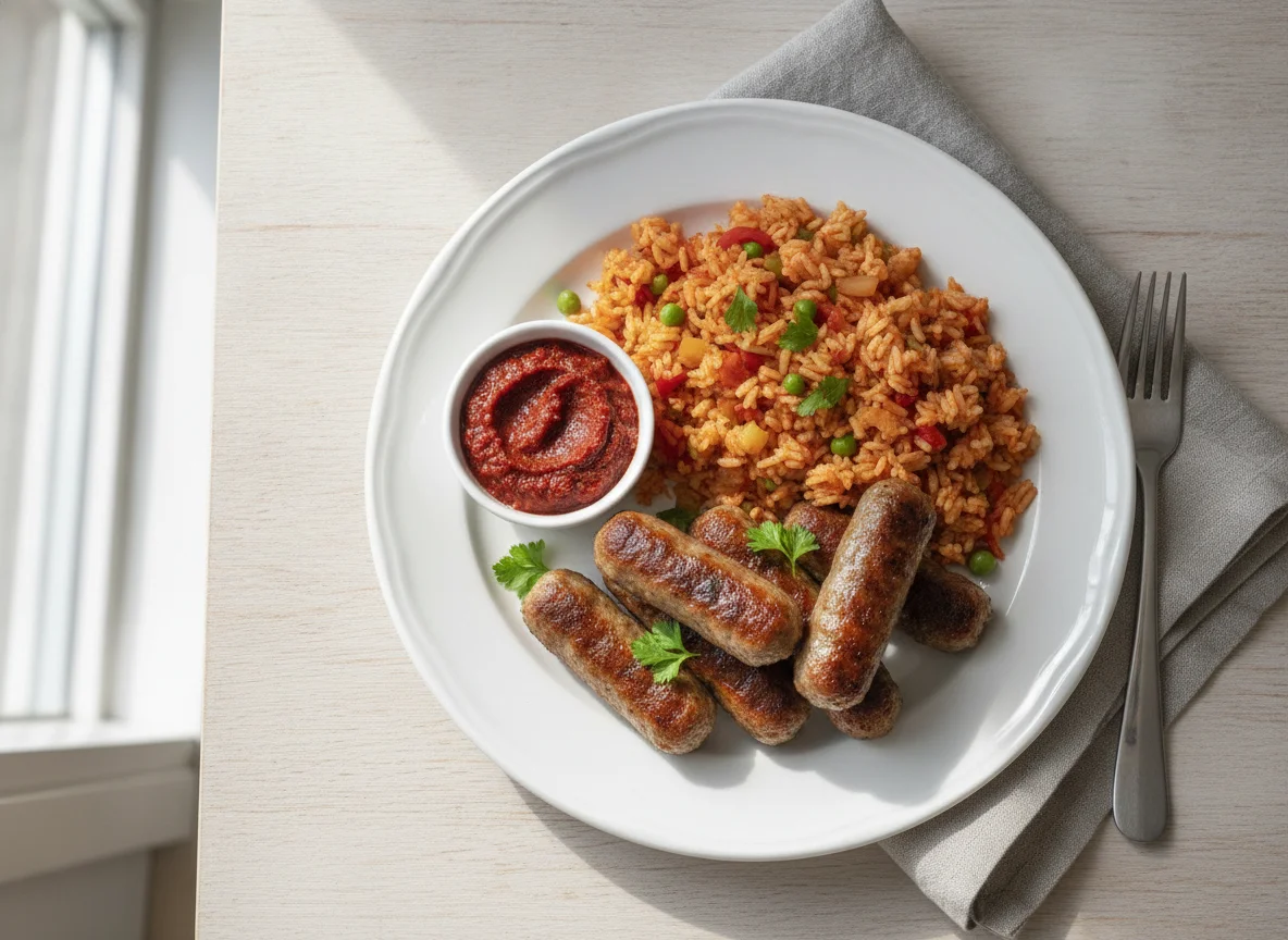 Cevapcici mit Djuvec-Reis und Ajvar photo