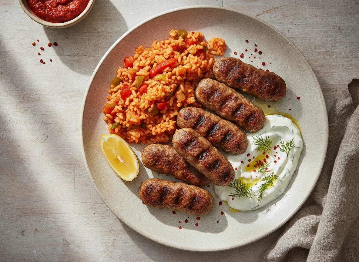 Cevapcici mit Djuvec-Reis und Tzatziki photo