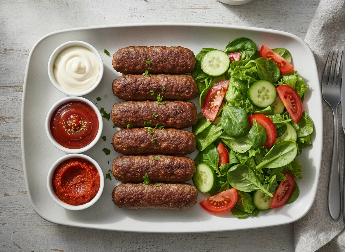 Cevapcici mit gemischtem Salat und Saucen photo