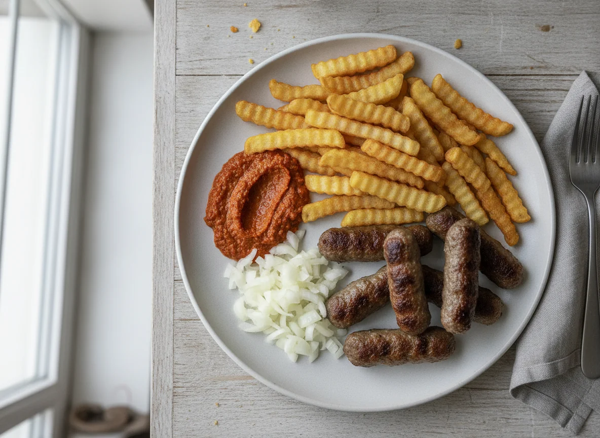 Cevapcici mit Pommes frites, Ajvar und Zwiebeln photo
