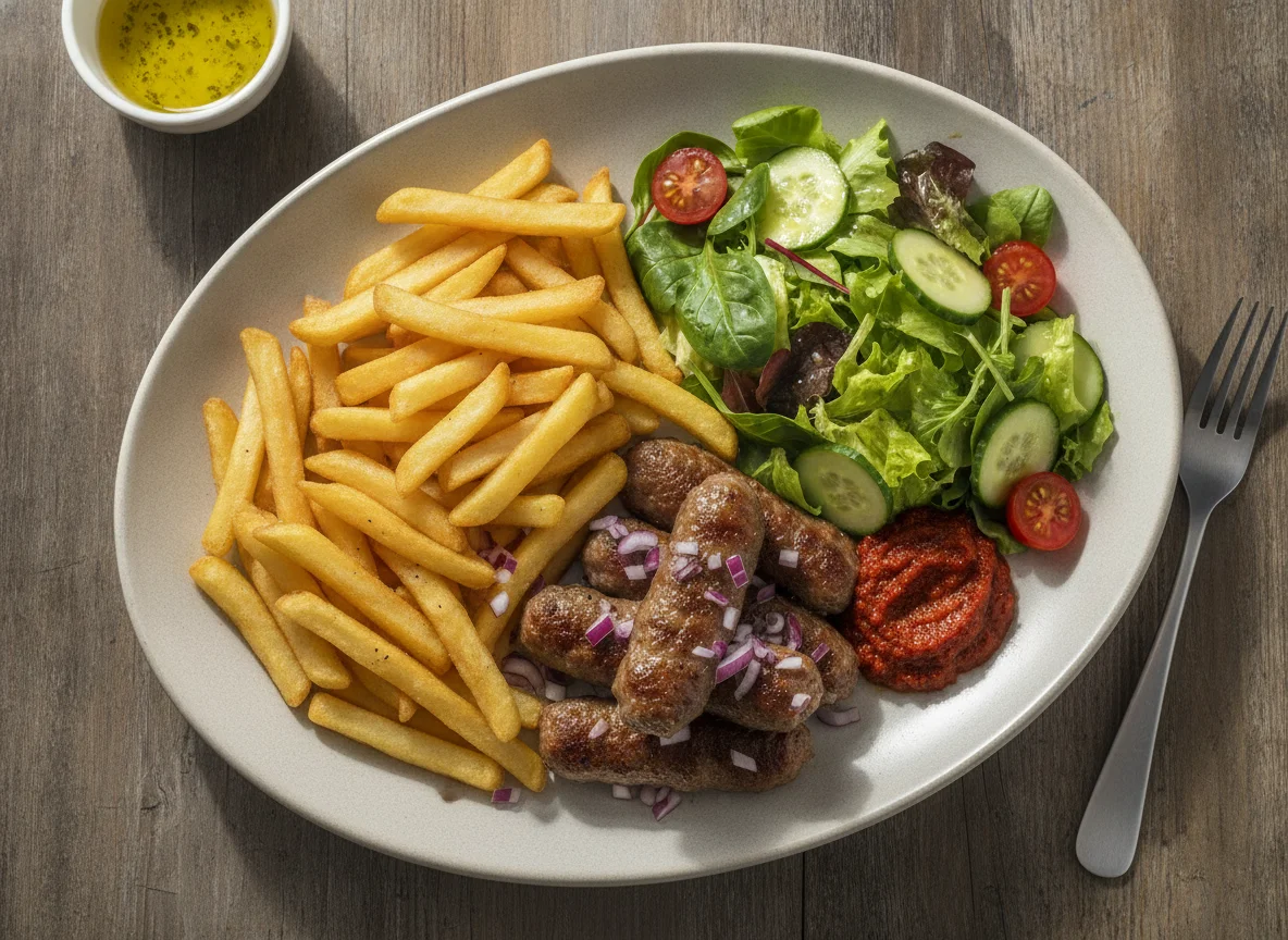 Cevapcici mit Pommes und Beilagensalat photo