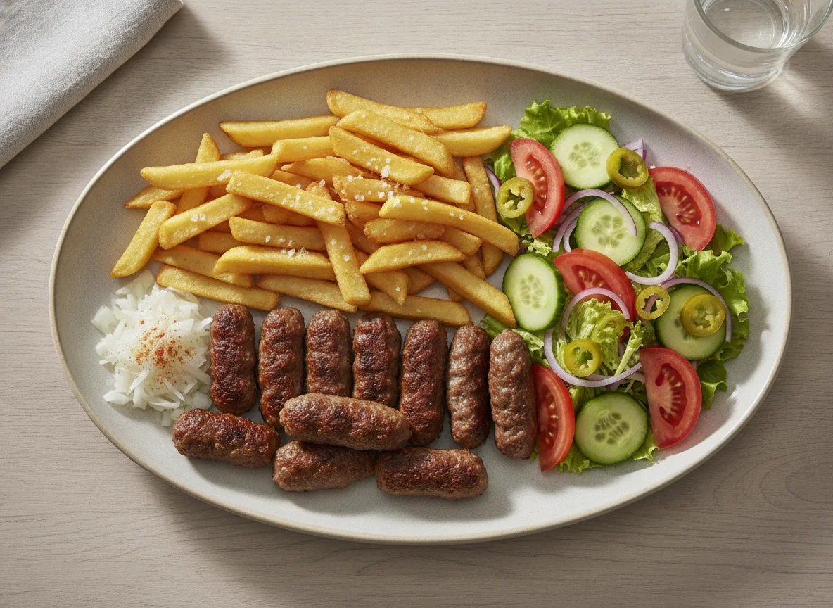 Cevapcici mit Pommes und Salat photo