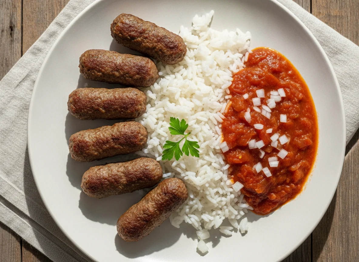 Cevapcici mit Reis und Tomatensauce photo