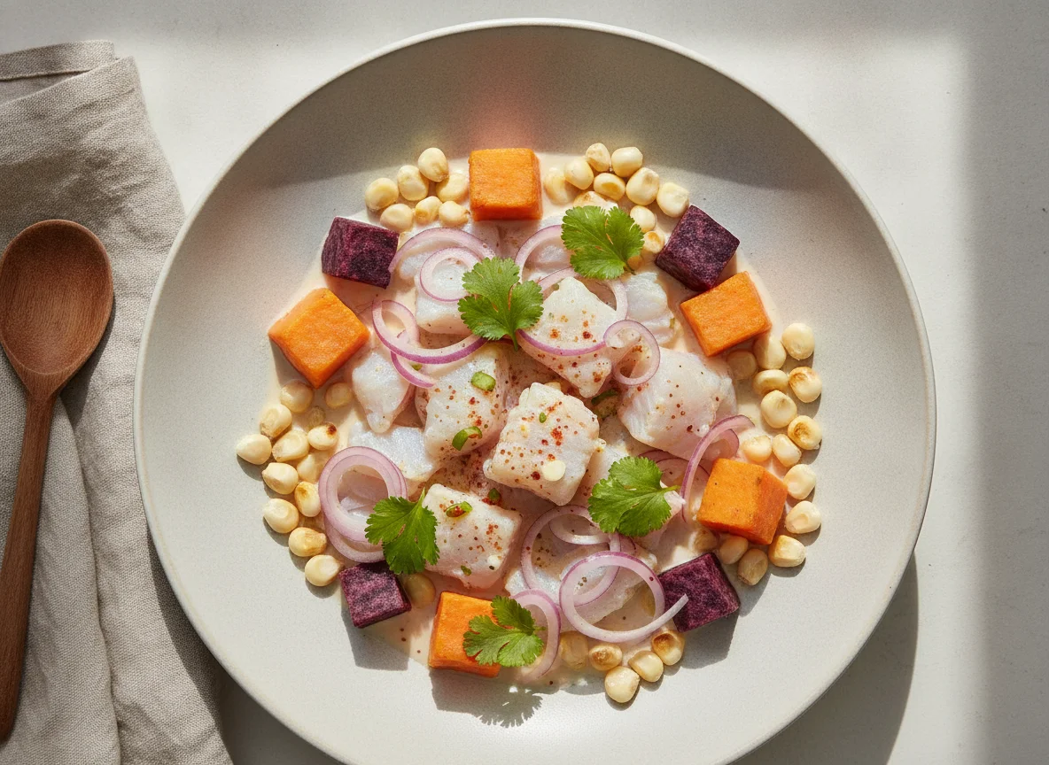 Ceviche mit Süßkartoffel und Mais photo