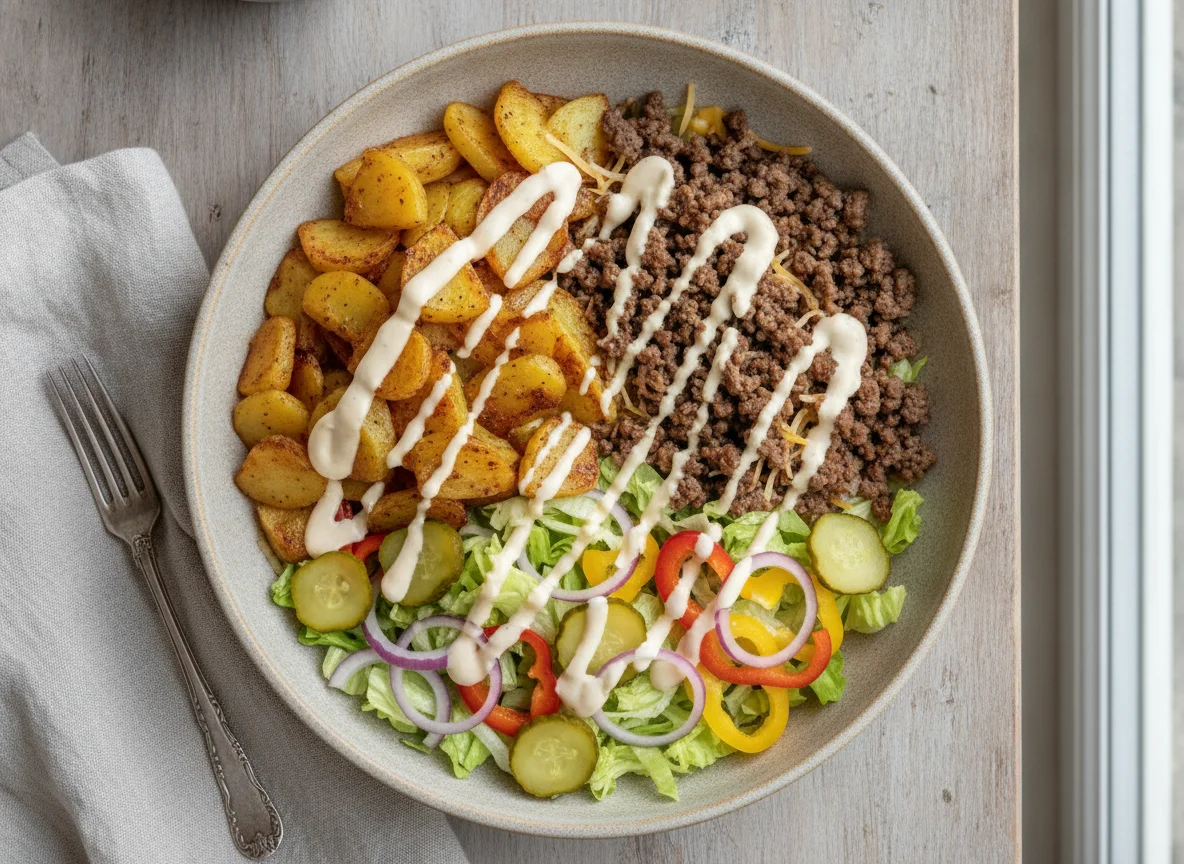 Cheeseburger Bowl mit Bratkartoffeln photo