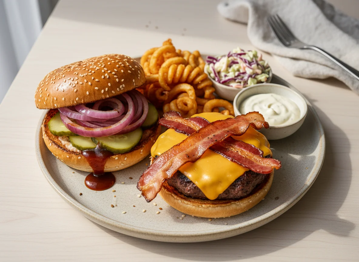 Cheeseburger mit Bacon, karamellisierten Zwiebeln und Curly Fries photo