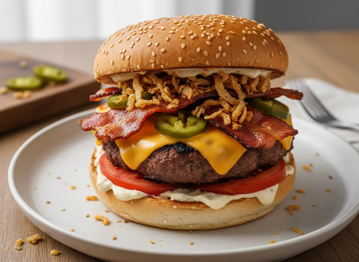 Cheeseburger mit Bacon und Jalapeños photo