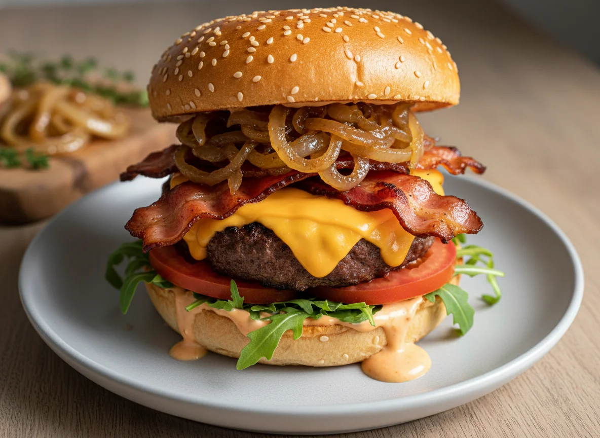 Cheeseburger mit Bacon und karamellisierten Zwiebeln photo