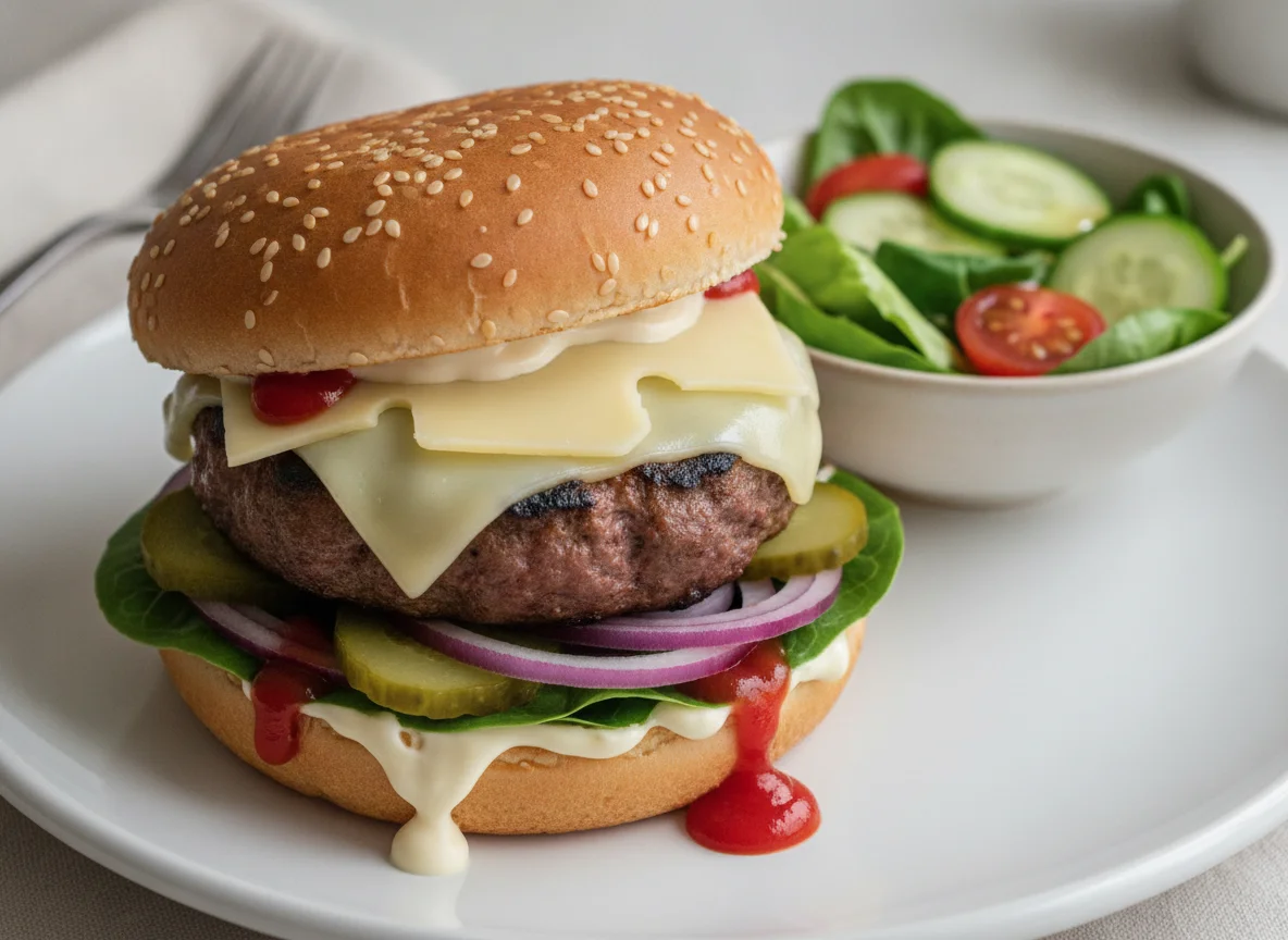 Cheeseburger mit Beilagensalat photo