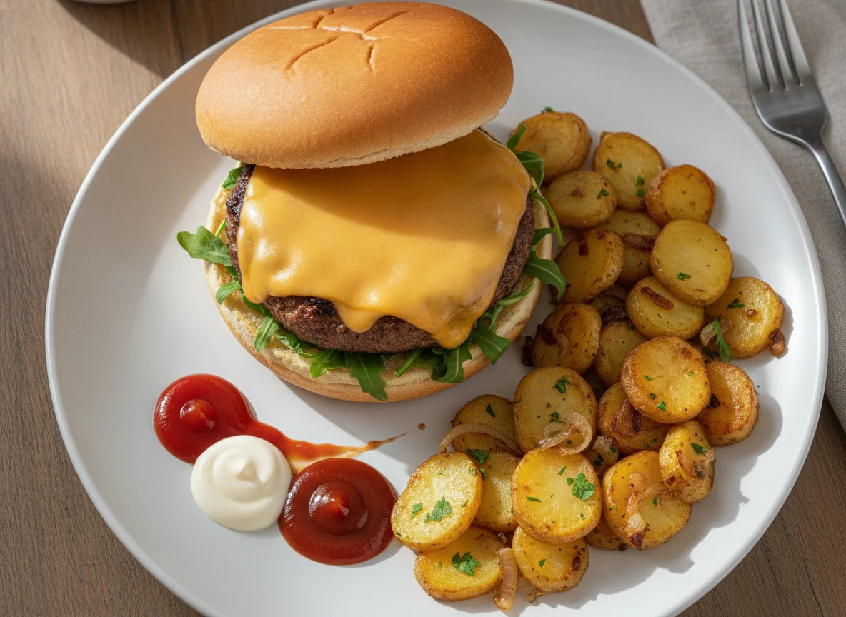 Cheeseburger mit Bratkartoffeln photo