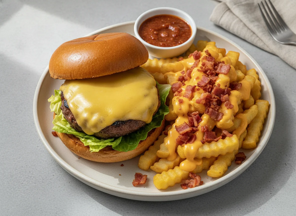 Cheeseburger mit Chili-Cheese-Pommes photo