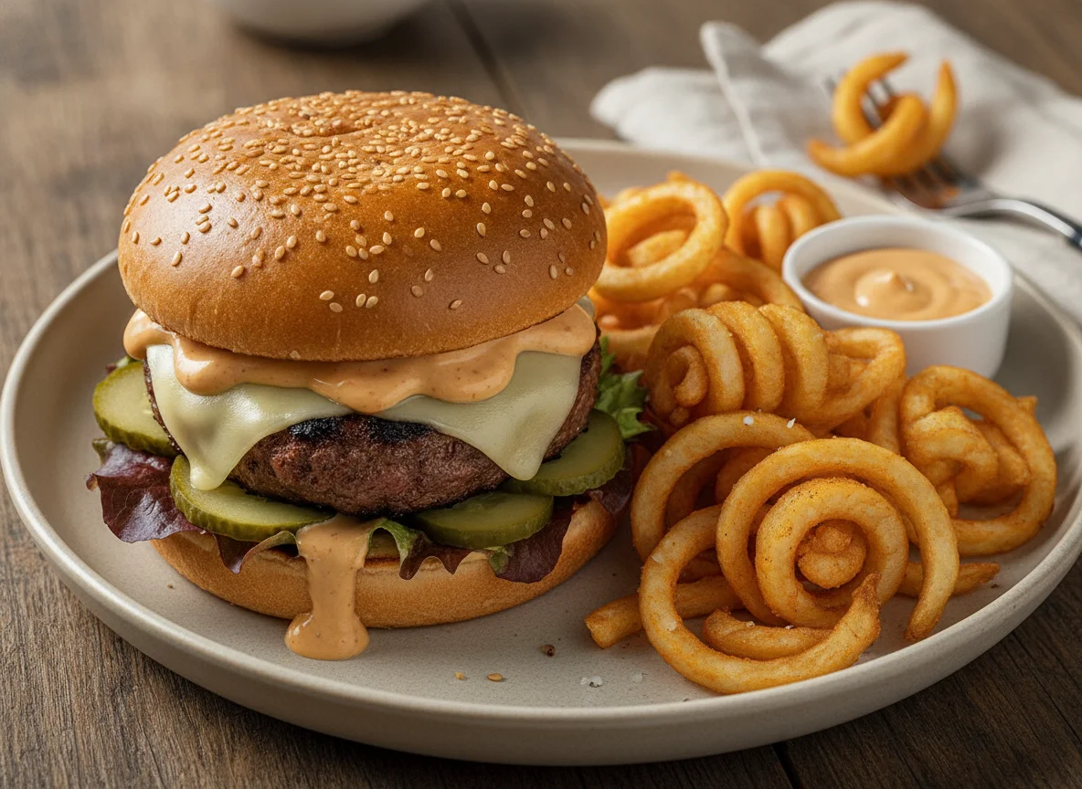 Cheeseburger mit Curly Fries photo