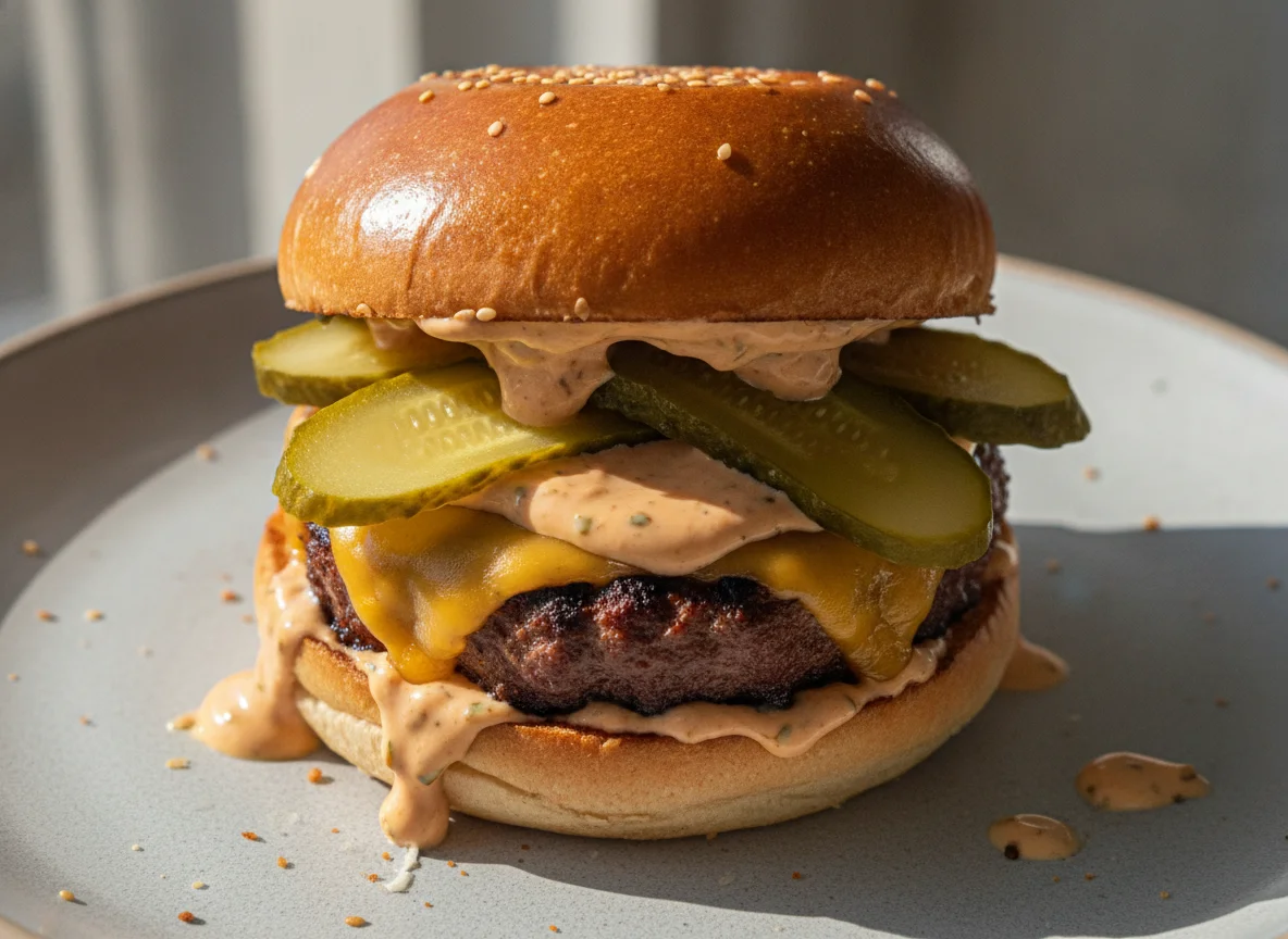 Cheeseburger mit Gewürzgurken photo