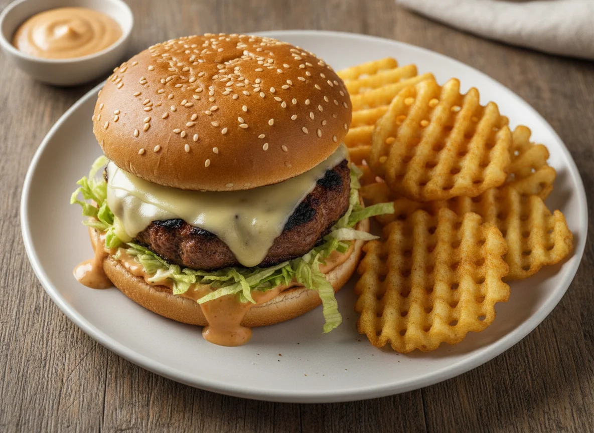 Cheeseburger mit Gitterpommes photo