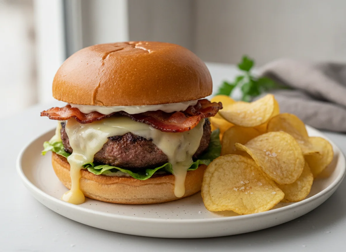 Cheeseburger mit Kartoffelchips photo
