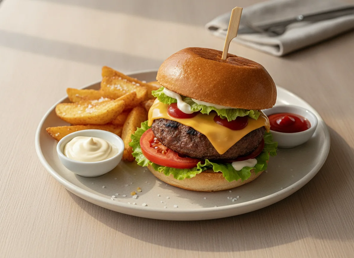 Cheeseburger mit Kartoffelspalten photo