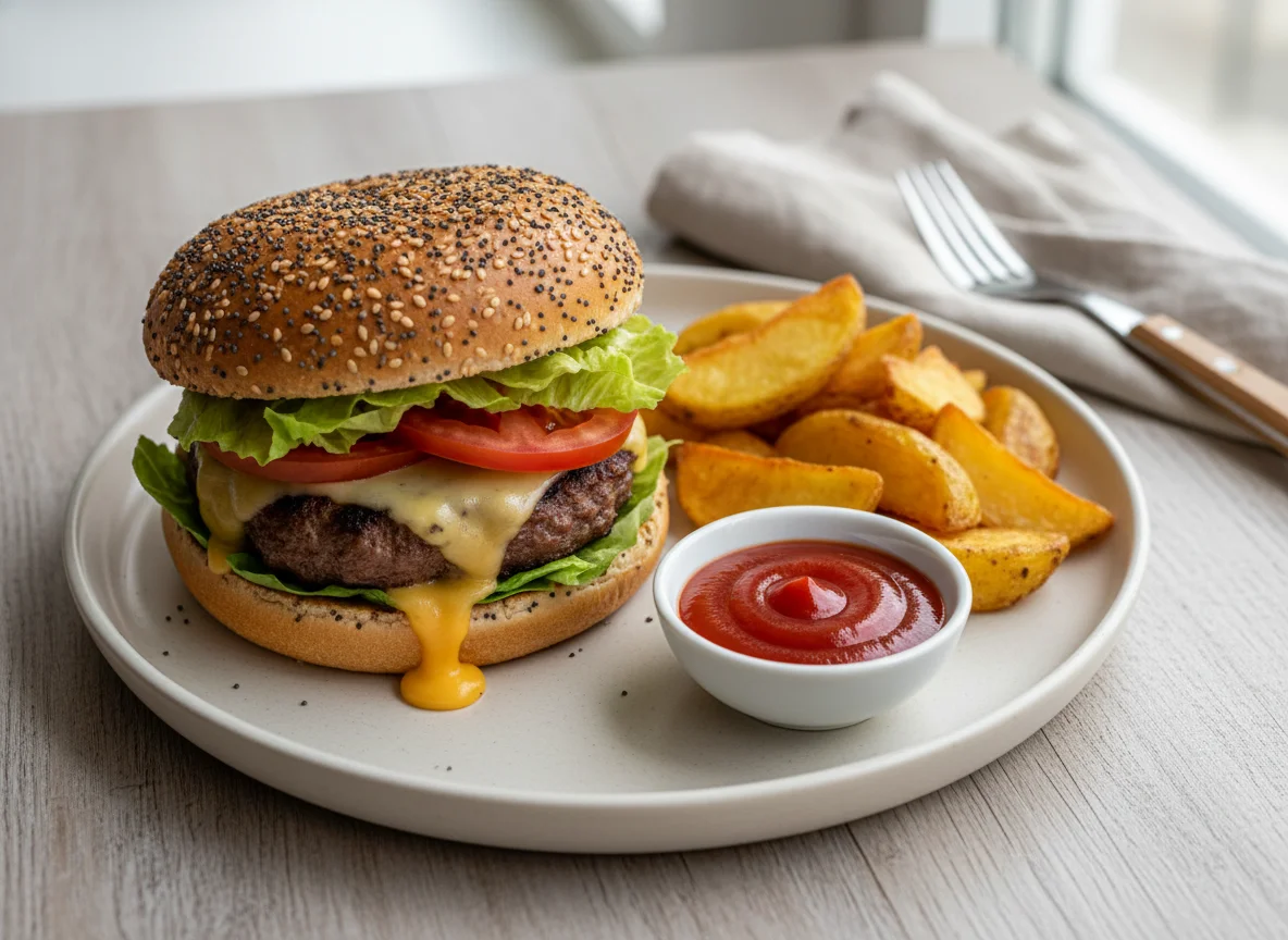 Cheeseburger mit Kartoffelspalten und Ketchup photo