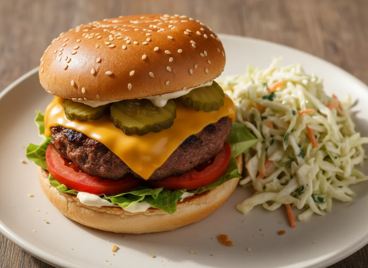 Cheeseburger mit Krautsalat photo