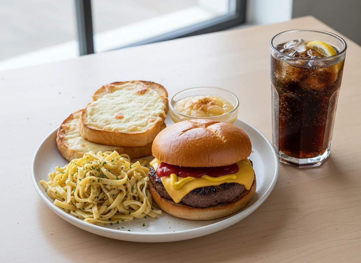 Cheeseburger mit Nudeln, Toast, Apfelmus und Getränk photo