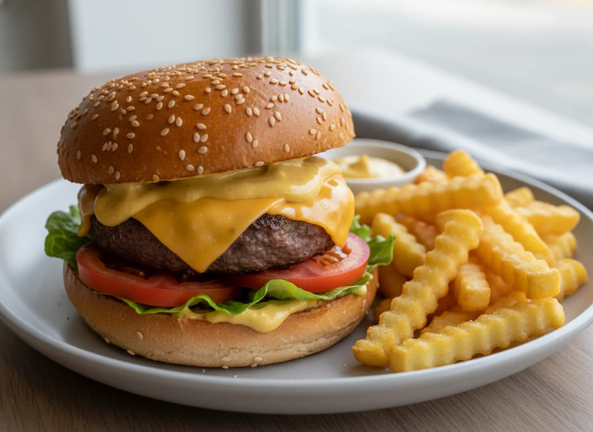 Cheeseburger mit Pommes photo