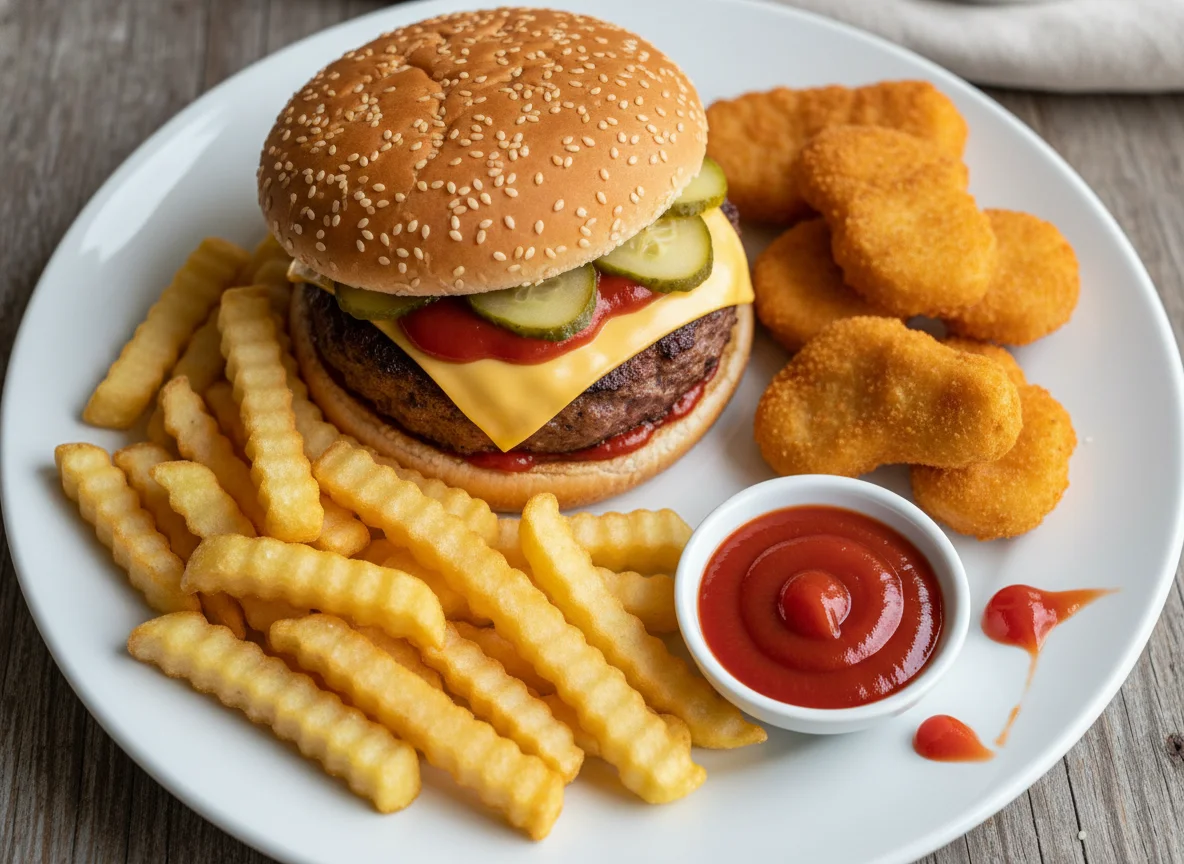 Cheeseburger mit Pommes, Chicken Nuggets und Ketchup photo