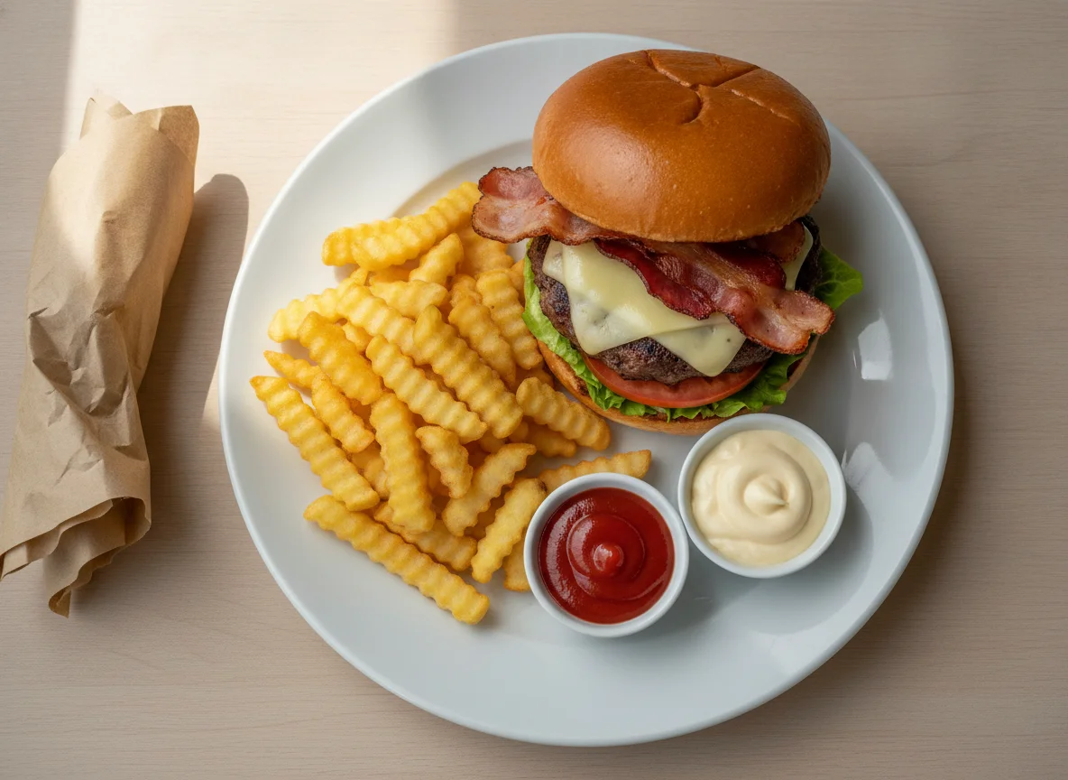 Cheeseburger mit Pommes frites, Ketchup und Mayonnaise photo