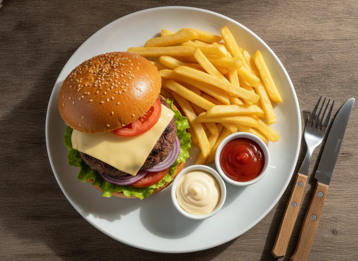 Cheeseburger mit Pommes frites, Mayonnaise und Ketchup photo